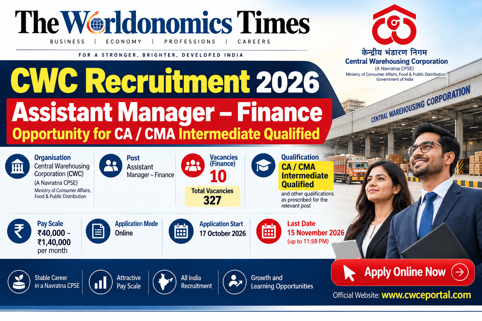 CWC Recruitment 2026: Assistant Manager – Finance Opportunity for CA & CMA Intermediate Qualified Professionals