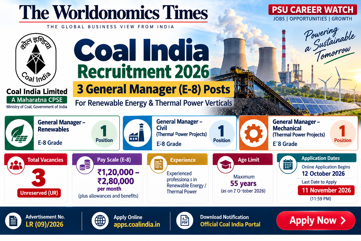 Coal India Recruitment 2026: 3 General Manager E-8 Posts in Renewable Energy and Thermal Power
