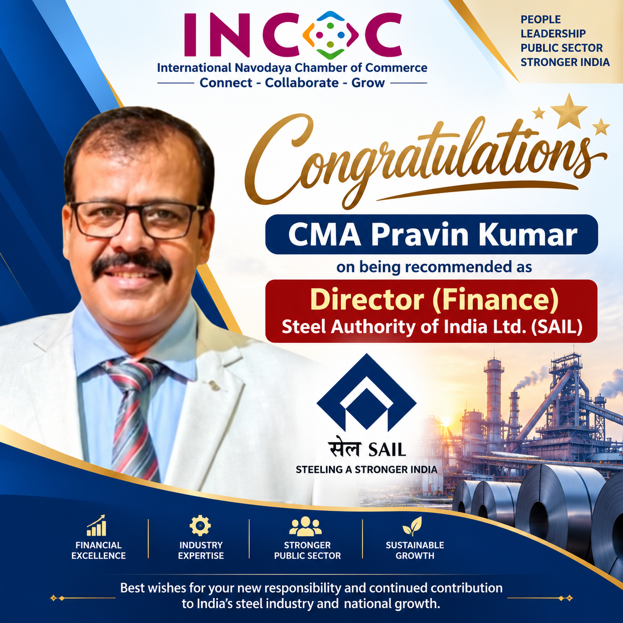 CMA Pravin Kumar – SAIL: The Public Enterprises Selection Board (PESB) has recommended Pravin Kumar for the post of Director (Finance), Steel Authority of India Ltd. (SAIL)