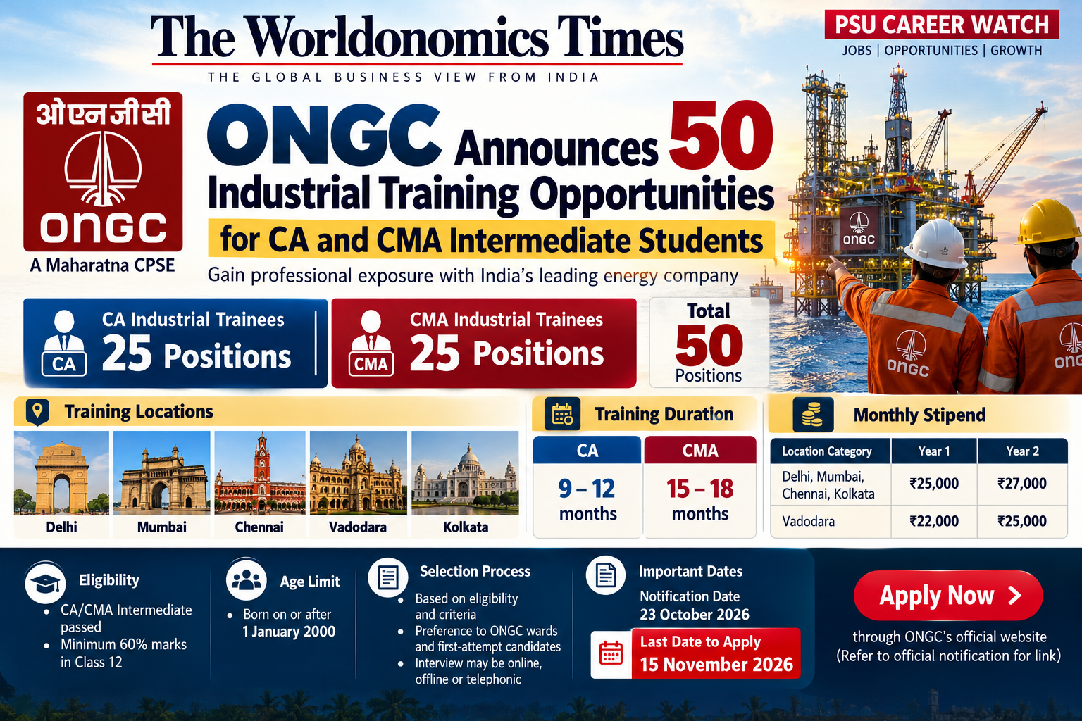 ONGC Announces 50 Industrial Training Opportunities for CA and CMA Intermediate Students